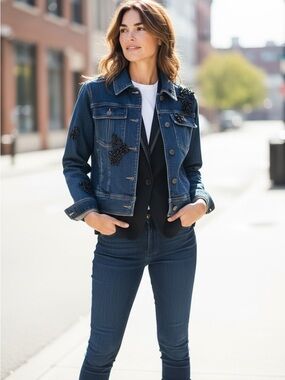 cinq a sept Dark Blue Denim Jacket with Embellished Button